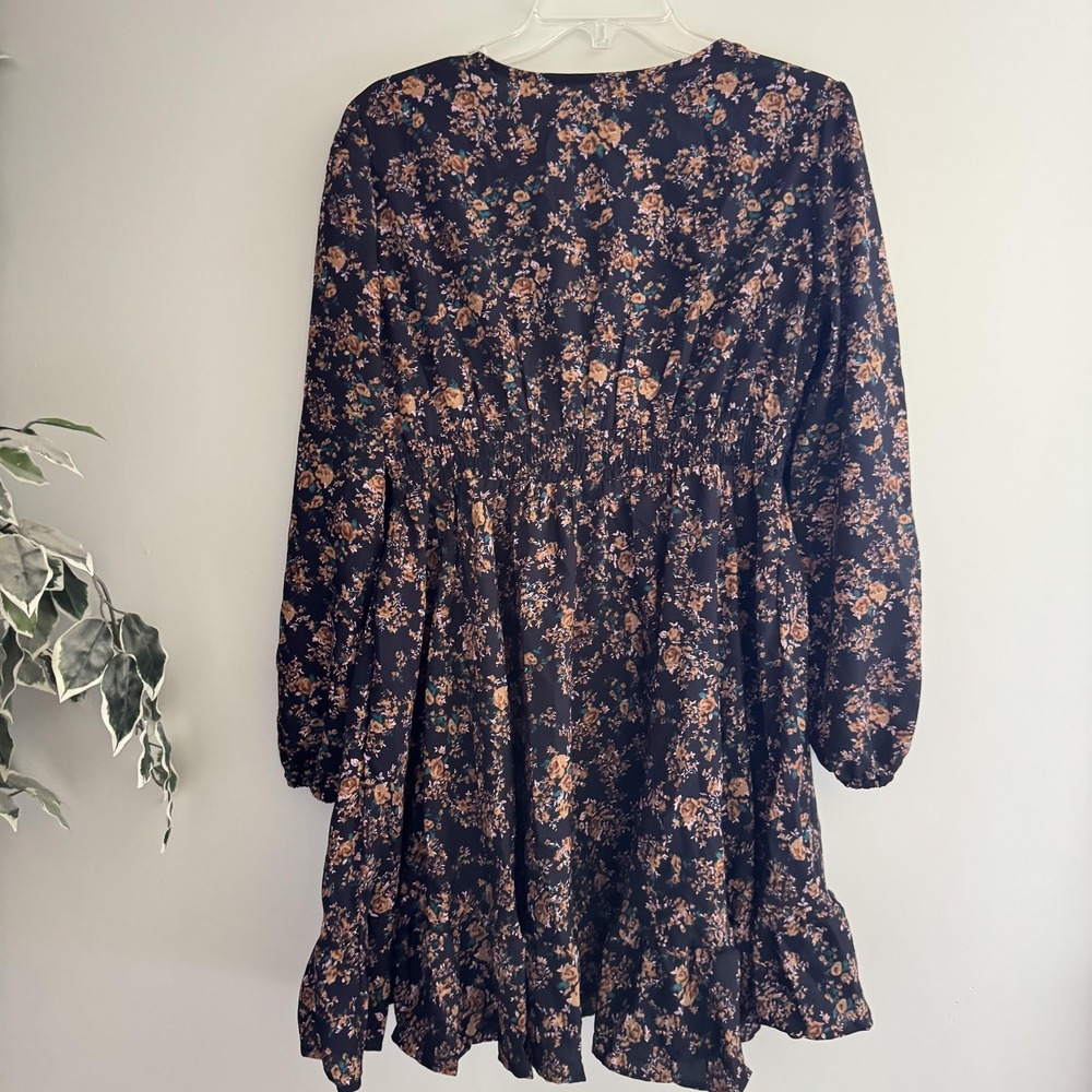 Imexn Dress Womens Large‎ Blue Floral Lace Long Sleeve V Neck Ruffle Boho Short - Picture 2 of 6